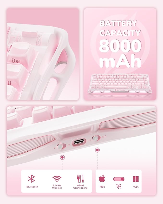 GravaStar Mercury K1 75% Pink Wireless Keyboard, Aluminum Alloy Exoskeleton Design Mechanical Gaming Keyboard, Gasket Hot-Swap Socket, Linear Switches, RGB Backlit