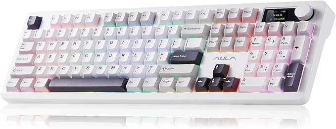 AULA F106PRO Wireless Keyboard, Full Size Mechanical Keyboard with Media Knob & Screen, 8000mAh Battery Hot Swappable Custom PBT keycaps Gaming Keyboard - Blaze Switch,Black White Grey