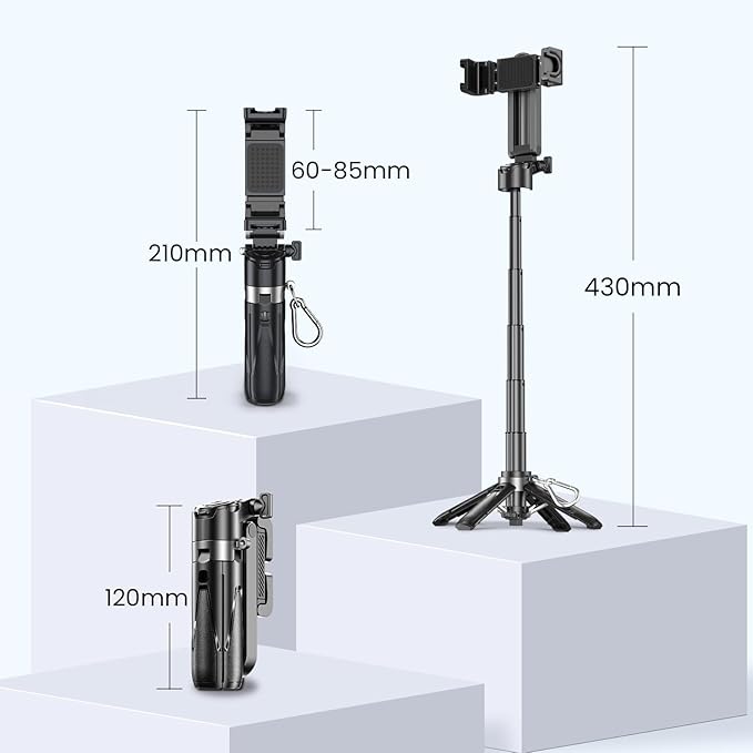 Mini Selfie Stick for iPhone with Remote, 3-in-1 Portable Selfie Tripod with 2 Cold Shoe Mounts, Pocket Size Phone Tripod for Android, Vlog, Video, Livestreaming, Photography (Black) T26