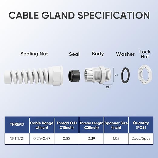 Strain Relief Cord Connector,LISTENJIALE 2Pcs NPT 1/2" Waterproof Cable Gland Flex Spiral Strain Relief Adjustable 6-12mm Cable Connector Nylon Joint with Gaskets(Grey)