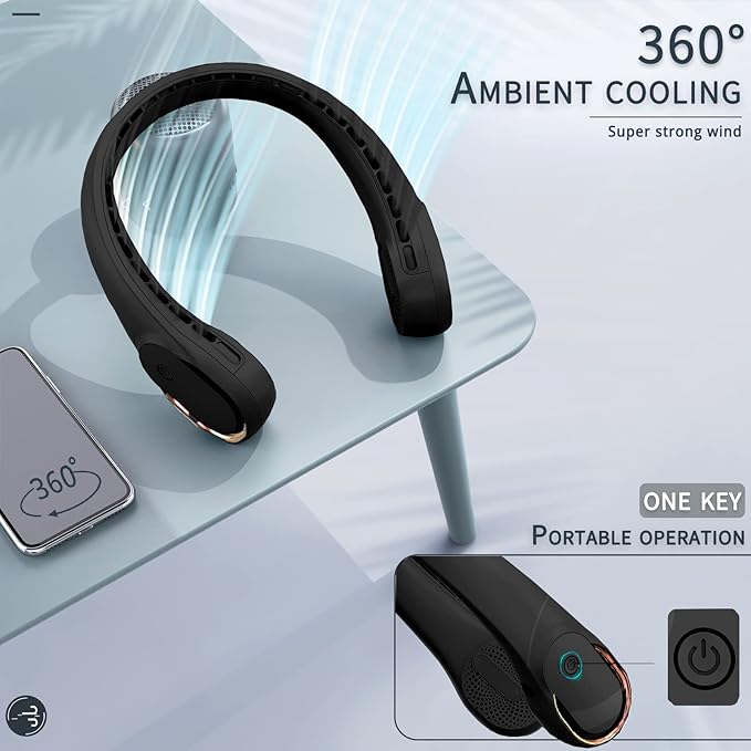 Neck Fan, Bladeless Neck Fan, 4000 mAh Rechargeable Personal Fan, 360° Hands Free Wearable Fan, 3 Speeds Adjustable,Faster Cooling, Ultra Quiet, Suitable for Home, Office, Travel, Sports