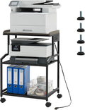 Lauren&Harold 34'' Printer Stand with Power Outlets & USB Ports, 3-Tier Adjustable Rolling Cart, Heavy Duty 150LBS Storage Table with Wheels for Office, Kitchen, Living Room, Black