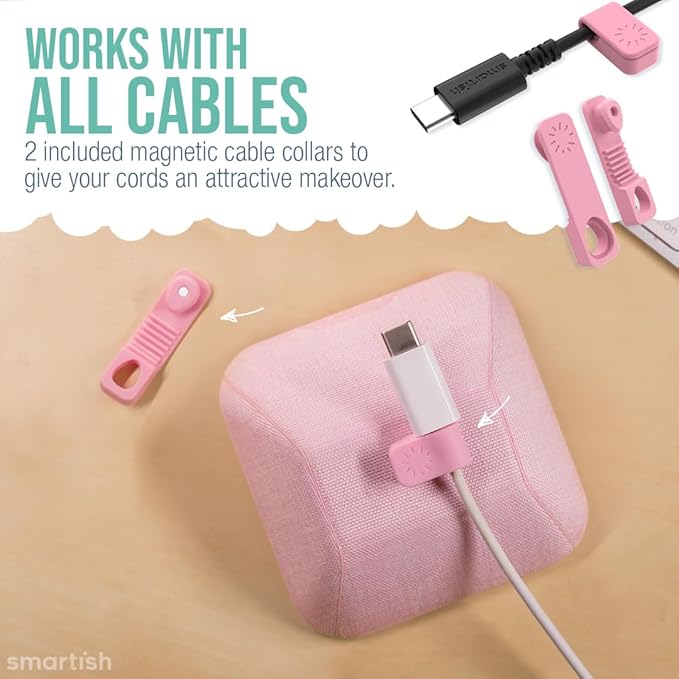 Smartish® Magnetic Cord Holder - Cable Wrangler Organizer with Magnet Clips for Charger Management on Desktop, Nightstand, or Side Table for All Cables, USB-C, Lightning Cables - I'm Blushing