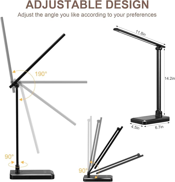 LED Desk Lamp with USB Charging Port Whole White for Home Office Essentials Table Lamp with Eye-Caring 4 Color Temperature Touch Control Stepless Dimming Desk Light for College Dorm