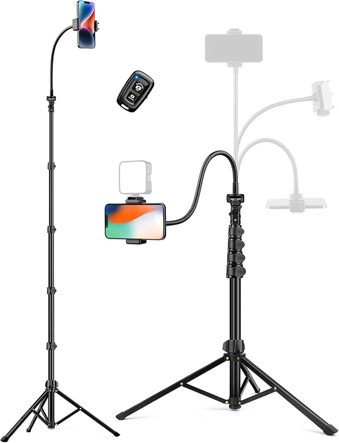 Phone Tripod, 86" Tall Tripod for iPhone with Flexible Gooseneck & Remote, Portable Aluminum Cellphone Stand for Selfies, Video Recording,Travel, Compatible with iPhone Android