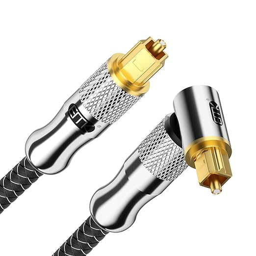 EMK Premium 24K Gold-Plated Right Angle Optical Cable – 90° Toslink to Toslink (0.5M/1.5Ft), 360° Rotatable for Soundbars, TVs & Home Theater