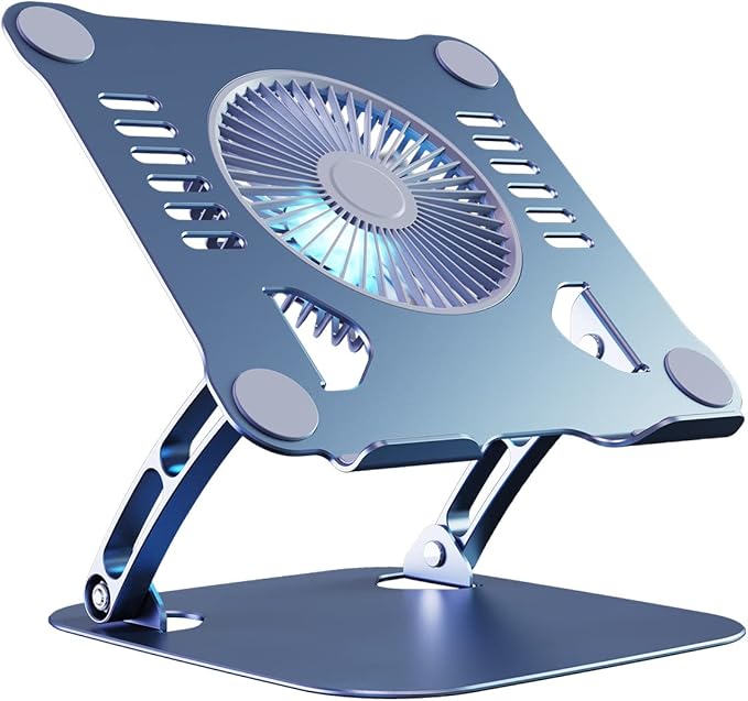 SHUWEI Laptop Cooling Stand with 3 Speed Fan, Adjustable Height Laptop Stand for Desk, Ergonimic Aluminum Laptop Cooling Pad for 10-15'' Notebook - Bule-Gray