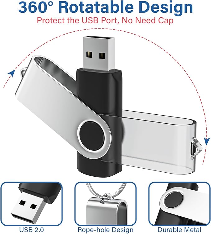 Flash Drives 128MB 20 Pack with Keychains, Swivel USB 2.0 Thumb Drives Bulk USB Drive Memory Stick USB Stick Pack (Black)