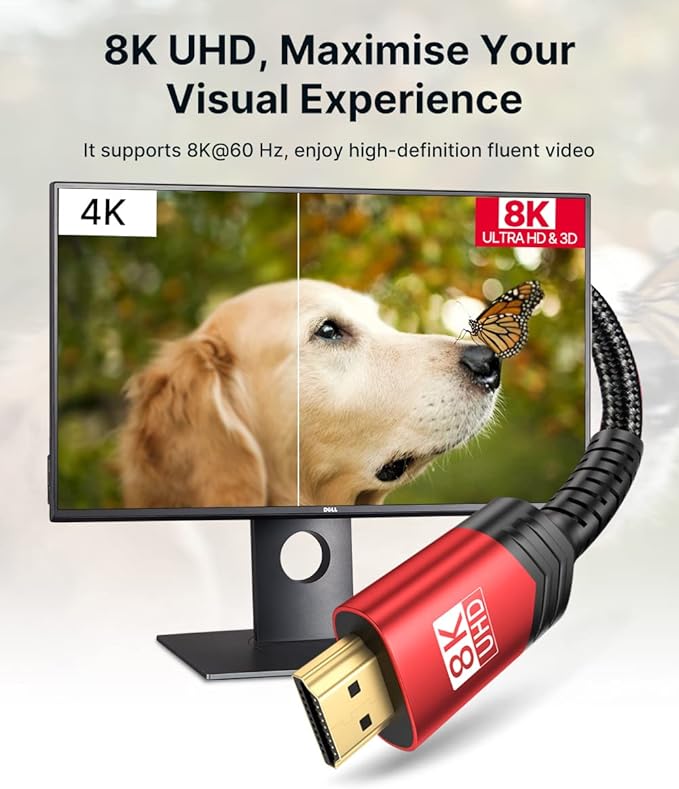 JSAUX 8K HDMI Cable 2 Pack 3ft, 48Gbps High Speed HDMI 2.1 Braided HDMI Cord, 4K 120Hz 144Hz, 8K 60Hz, Dynamic HDR, DTS:X, 2K, 1080P, 3D, eARC Compatible with Laptop, TV Gaming Monitor PS5 PS4 -Red