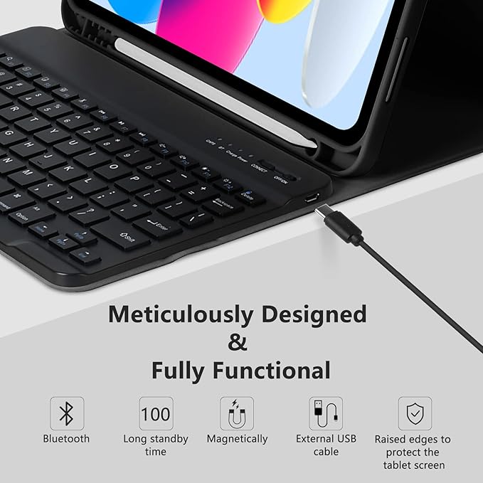 MMK for iPad 11th 10th Generation Case with Keyboard (2022, 10.9"), Wireless Detachable Keyboard, Pencil Holder for iPad 11 inch (A16 2025), 10th Gen (10.9 Inch 2022) Black