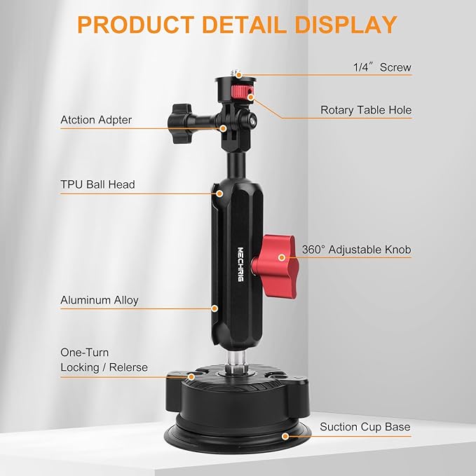 Camera Suction Cup Mount Kits-360°Ball Head Magic Arm,Double-Layer Suction Cup Mount for Action Cameras, GoPr0 Hero 13/12, DJI Osmo X4/X3,Mount on Car Windshield,Dashboard-Video Shooting,JC019