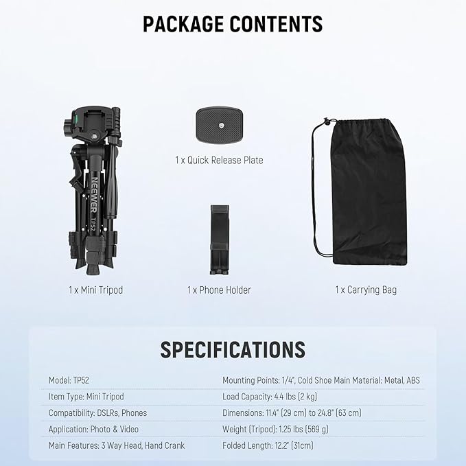 NEEWER Entry Level Version Mini Desk Phone Tripod Compatible with iPhone for Video Recording, Small Compact Table Top DSLR Camera Camcorder Webcam Stand, 3 Way Pan Tilt Head & Cell Phone Holder, TP52