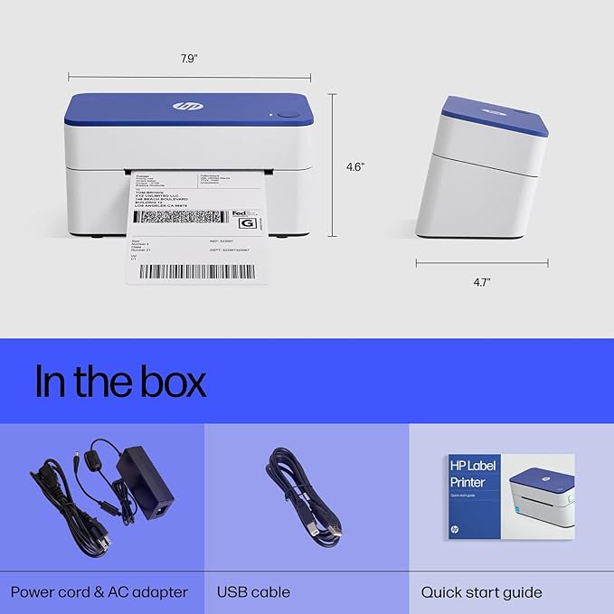 HP Shipping Label Printer, Commercial Grade Direct Thermal, Compact & Easy-to-use, High-Speed 300 DPI, Barcode, Compatible with, UPS, Ebay, ShipStation More, HPKE103, 7.9''x 4.6'' x 4.7'', white
