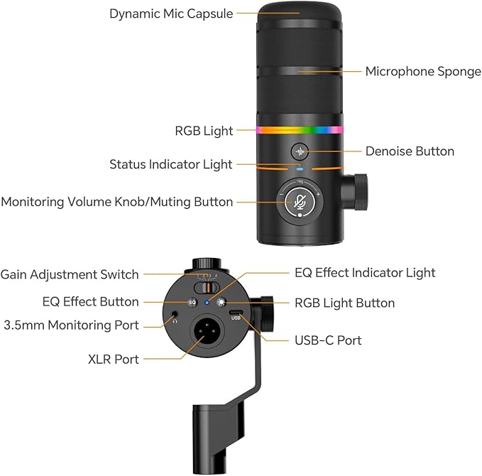 COMICA D10 Pro D Wireless/XLR/USB Dynamic Microphone with Receiver Desktop Stand- Dual Channel Cardioid Mic, 45H Battery, RGB Lights, CalMix Denoise for Gaming/Streaming/PD(PC, PS4/5, Mac,Phone)-Black