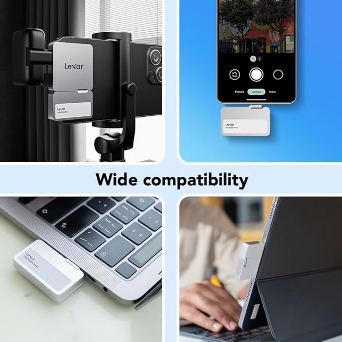 Lexar 1TB Professional Go Portable SSD w/Hub, Supports Apple 4K 60fps ProRes, Up to 1050MB/s, USB 3.2 Gen 2, Rugged, IP65, Ultracompact, Compatible w/iPhone 15/16, External SSD (LSL400S001T-RNSNU)