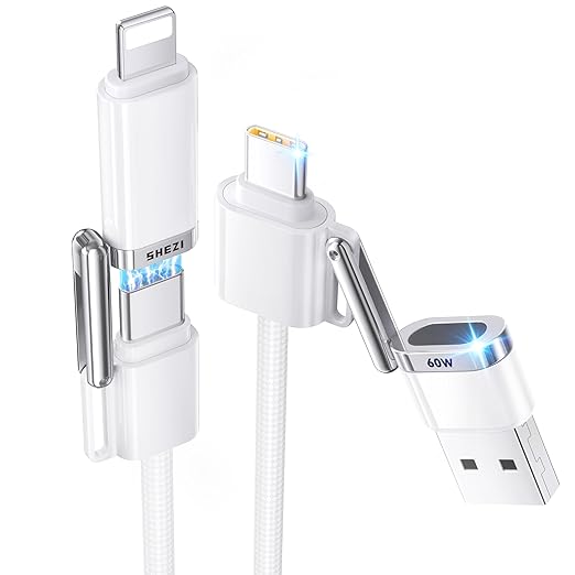 SHEZI 4-in-1 USB C Cable Compatible With Lightning Cable 60W Fast Charging & Data Transfer, Support to CarPlay & Android Auto, 5FT Travel Multi Cord Charger Combo for iPhone/iPad/Samsung/MacBook Cable