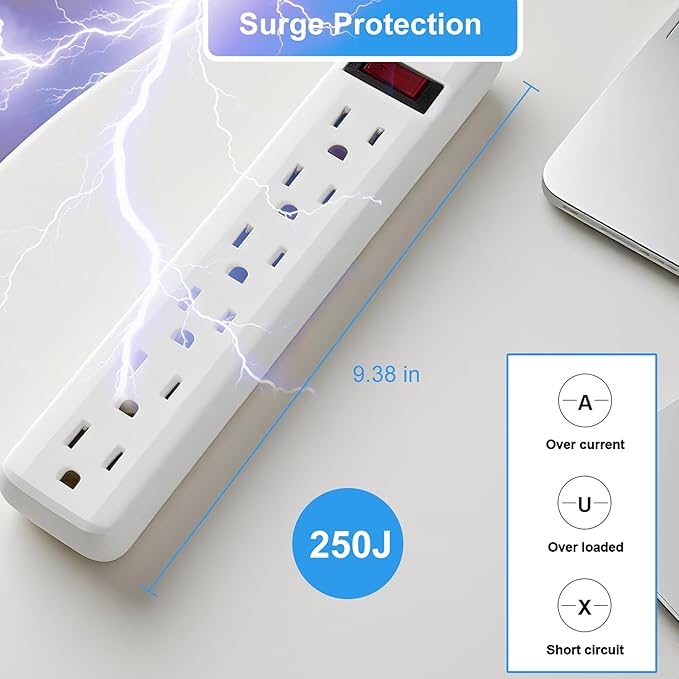 6-Outlet Surge Protector 2pk – 250 Joules, 2ft Cord, 15A/125V, 1875W Max – Right Angle Plug, Black – Home, Office, & Electronics Protection