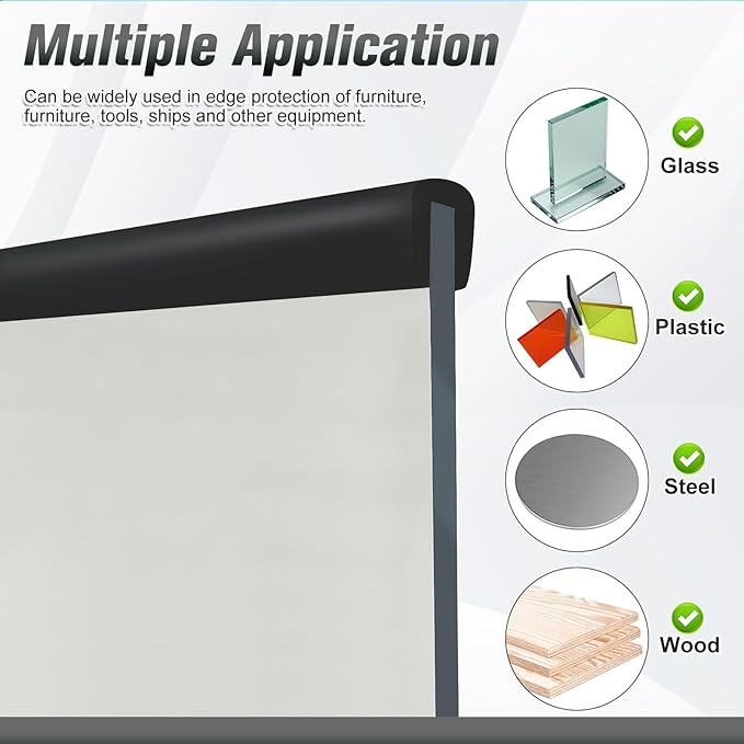Edge Trim, 3/16" Rubber Edge Trim, Flexible Self Adhesive U Channel Edge Protector for Glass, Mirror, Plywood, Steel Panel Sharp Edges, Peel and Stick Plastic Trim, Black Color, 20Ft