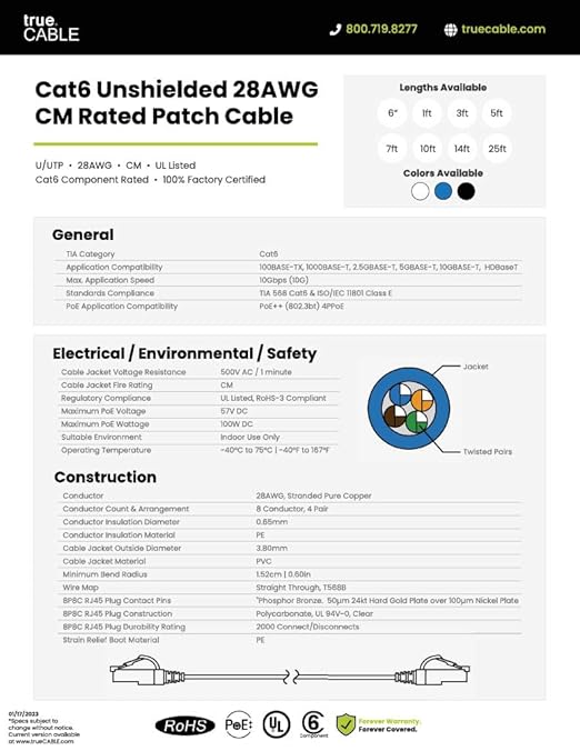TRUECABLE Cat6 Component Rated Patch Cable, Unshielded (U/UTP), 14ft, Black, 28AWG Solid Copper, Snagless 10G High-Speed Ethernet Cable, PoE++ 4PPoE 100W, UL Listed, RoHS-3, 1 Pack