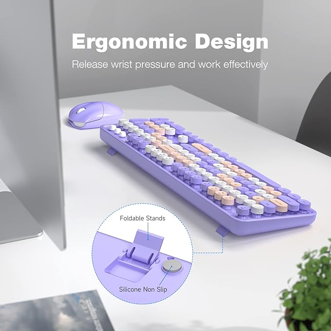 KNOWSQT Wireless Keyboard and Mouse Combo Purple Colorful - 2.4G Typewriter Full-Size Retro Keyboards - USB Receiver Plug and Play, for Computer, PC, Laptop, Desktop, Windows