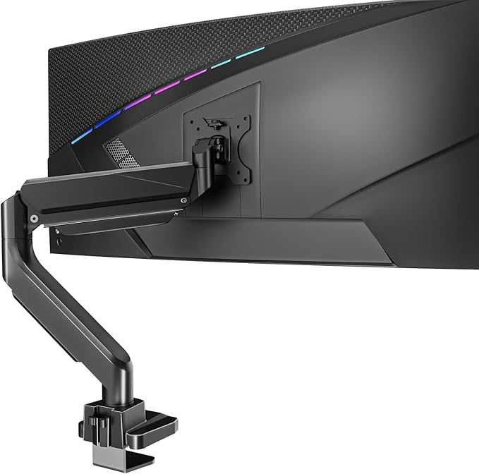 WALI Ultrawide Monitor Arm for 13 to 49 Inch Heavy Duty Curved Screens, Holds 33 Lbs, Adjustable Gas Spring Single Monitor Desk Mount with C-Clamp, Grommet Base, 75x75/100x100 VESA, (GSM001XL), Black