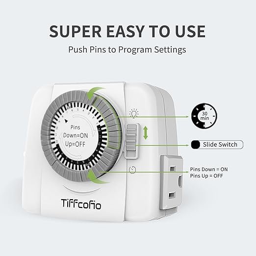 TiFFCOFiO Indoor Mechanical Light Timer, 3 Prong Plug in Timer Switch, 2 Grounded Outlets for Lamps Indoor, ETL Listed,15A/1875W
