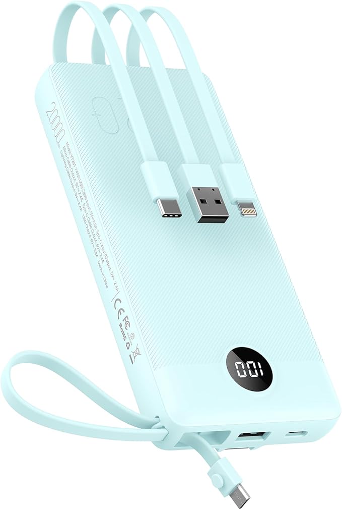 VEEKTOMX Portable Charger with Built-in Cables, 20000mAh Power Bank for iPhone, Fast Charging USB C Battery Pack, Travel Essentials Powerbank Compatible with iPhone, Samsung, Android, etc