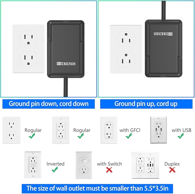 6FT Ultra Flat Plug Dual Extension Cord with 6 Outlets, Ultra-Thin Outlet Cover Power Bar, Outlet Concealer Universal Size Flat Plug Power Strip, Child & Pet Safe, 1625W, Black