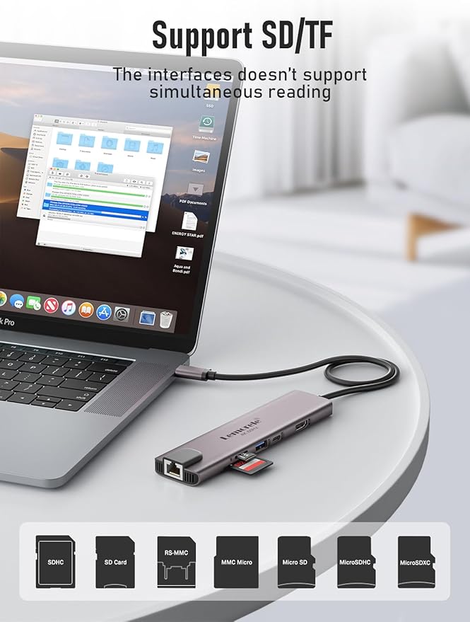 Lemorele USB C Hub Multiport Adapter 10-in-1 for MacBook Pro with HDMI 4K 60Hz, Gigabit Ethernet, 100W Power Delivery, 2 USB 3.0 Ports, SD/TF Card Reader, for HP/Dell/Lenovo Laptops