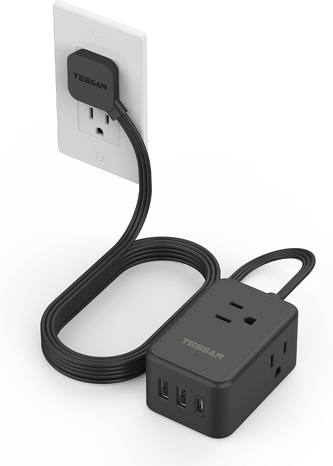 Flat Black Extension Cord, TESSAN Ultra Thin Power Strip with 3 USB Wall Charger (1 USB C), 3 Outlets Small Charging Station, 5 ft Slim Plug for Cruise Travel Office School Dorm Room Essentials