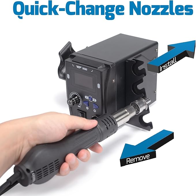 WEP 959D Hot Air SMD Soldering Rework Station with Quick-Change Nozzle System, Nozzle Holder, 5 Additional Nozzles, Adjustable Temperature, °C/°F Conversion and Buzzer Prompt