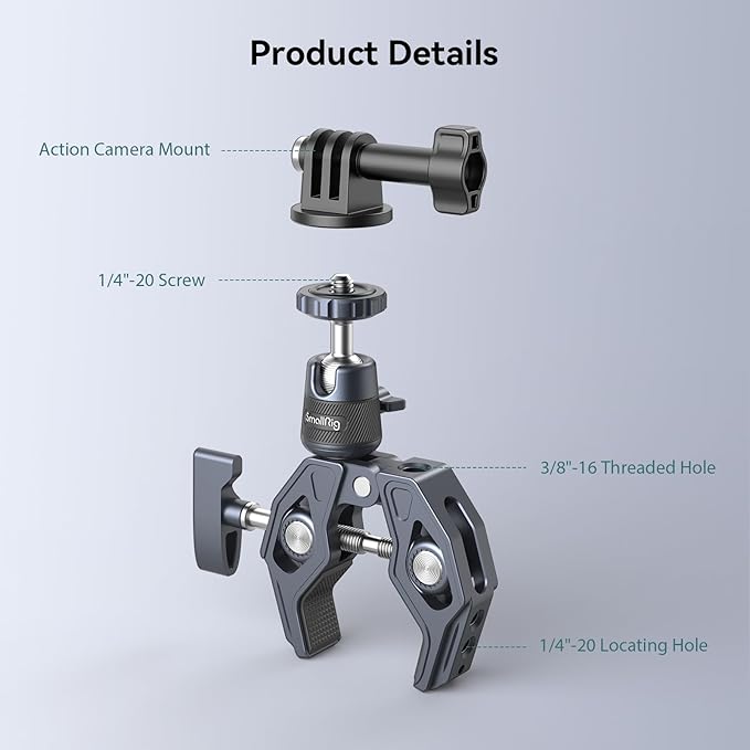 SMALLRIG Camera Mount Clamp, Gopro Motorcycle and Bike Handlebar Mount Kit, Super Clamp for DSLR, Action Camera, Gopro, Insta360, LED Light, Monitor, Max Load 3.5KG