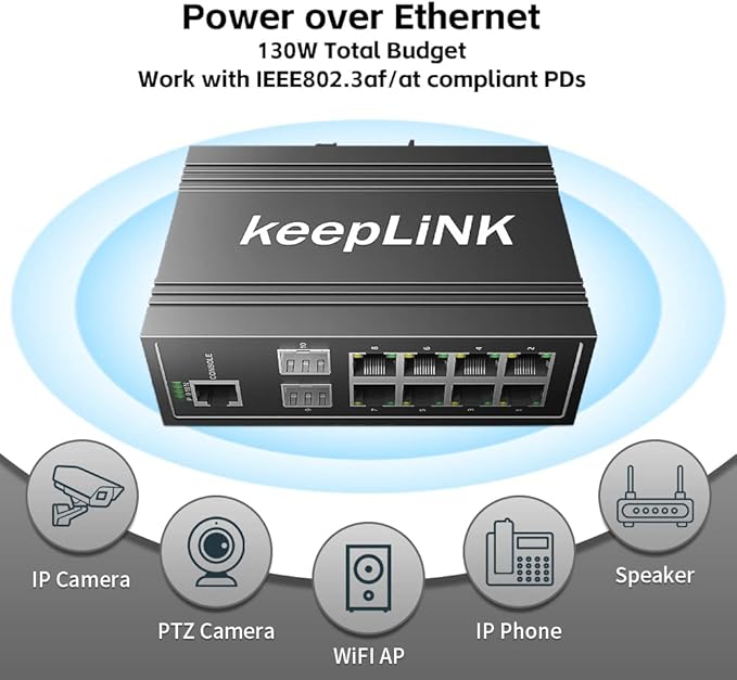 10-Port Industrial Gigabit PoE Switch, Managed with 8 PoE+@130W, 2 SFP Slots, DIN Rail Network Switch, IP40, Operating Temperature Range of -30° – 75°C (-22° – 167°F), Lifetime Protection