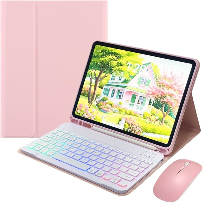 Keyboard Case for iPad Air 11-inch M3/M2 (2025/2024)/ Air 5th 4th Generation 10.9" with Mouse and Rainbow Backlit Magnetic Detachable Bluetooth Keyboard Cover,Pink