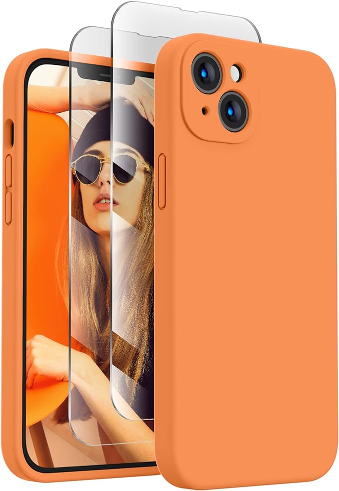 FireNova Designed for iPhone 14 Case, Silicone Upgraded [Camera Protection] Phone Case with [2 Screen Protectors], Soft Anti-Scratch Microfiber Lining Inside, 6.1 inch, Kumquat