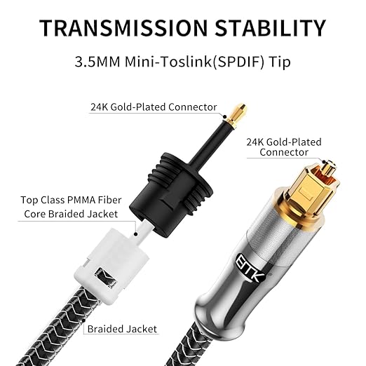 EMK 24K Gold-Plated Toslink to Mini Toslink Cable (20ft/6M) - Digital Optical Audio Cable with 3.5mm Mini Plug for Soundbar, Home Theater, TV - Silver SPDIF Fiber Optic Cord