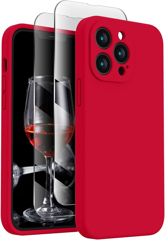 FireNova Designed for iPhone 13 Pro Case, Silicone Upgraded [Camera Protection] Phone Case with [2 Screen Protectors], Soft Anti-Scratch Microfiber Lining Inside, 6.1 inch, Deep Red