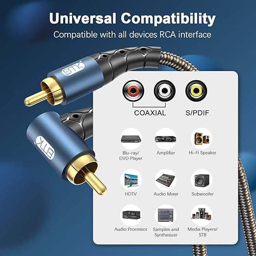 EMK RCA Subwoofer Cable 90 Degree RCA to RCA Audio Cable 24K Gold-Plated Nylon Braided Double Shielded Digital Analogue Supports Amplifiers,Home Theater,Hi-Fi Systems,Subwoofer(6.6ft/2m)