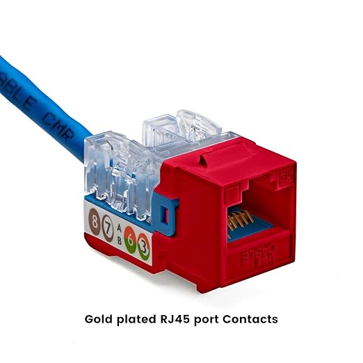 trueCABLE Cat5e Keystone Jack, Unshielded (UTP), 90 Degree Punch-Down, PoE++ (4PPoE) 100W, UL Listed, ETL Verified, ANSI/TIA Certified, Modular RJ45 Female, Red, 12 Pack