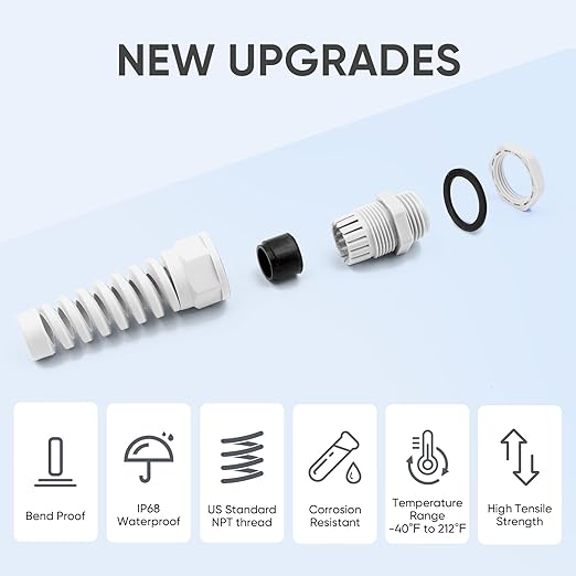 Strain Relief Cord Connector,LISTENJIALE 2Pcs NPT 1/4" Waterproof Cable Gland Flex Spiral Strain Relief Adjustable 4-8mm Cable Connector Nylon Joint with Gaskets(Grey)