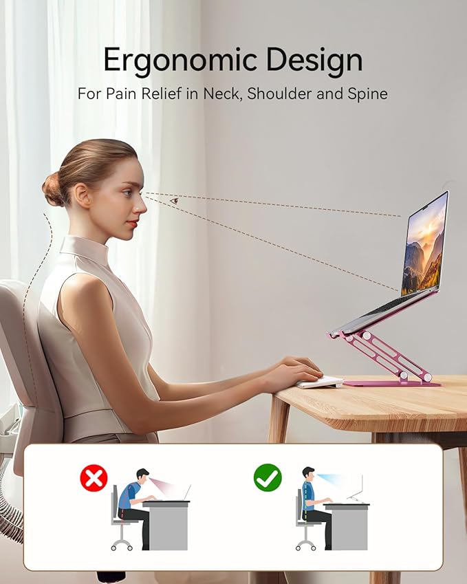 Foldable Aluminum Laptop Stand for 10-17.3" Laptops, Height Adjustable Portable Ergonomic Computer Holder, Space Saving Desk with Heat Dissipation. Compatible with MacBook/Dell/HP etc, Rose