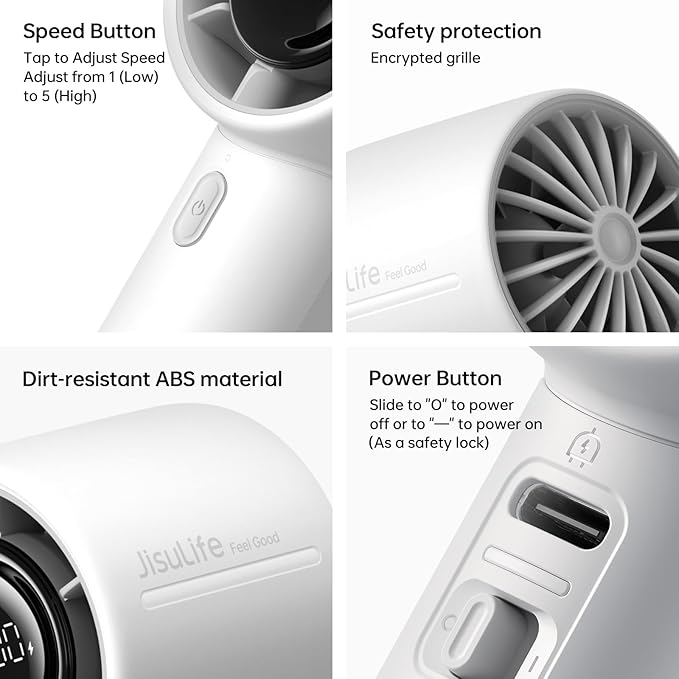 JISULIFE Handheld Turbo Fan, 5000mAh Rechargeable Portable Fans,Up to 28 Hours Working,5 Speed Strong Wind,Personal Mini Fan for Travel Outdoor Camping Beach Makeup（Gray）