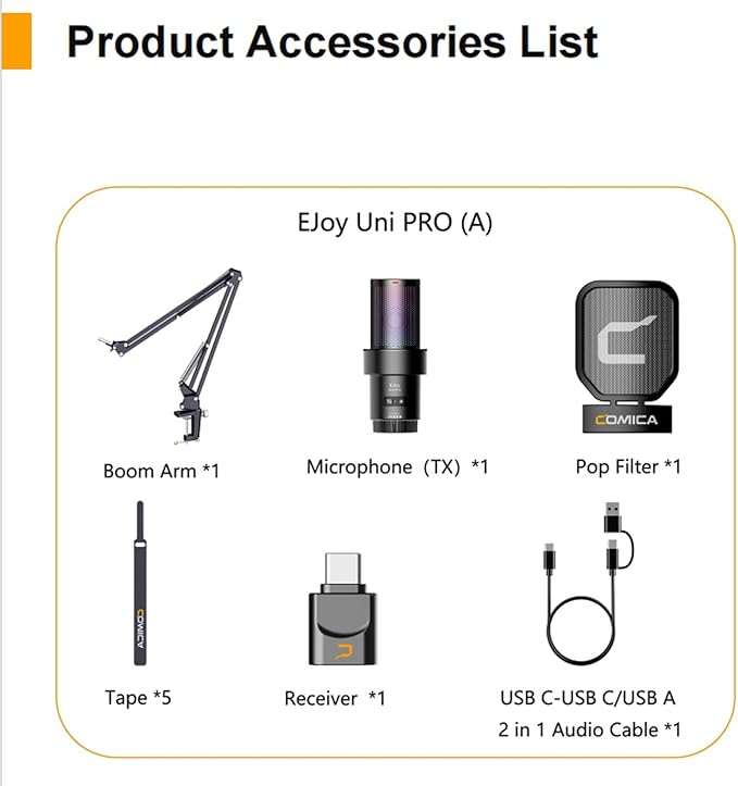 COMICA Wireless USB Microphone for Computer and Smartphone,48kHz/24bit RGB Cardioid Condenser Gaming Mic for Podcasting,Streaming,Recording with Boom Arm Stand-Black (EJoy Uni Pro A)