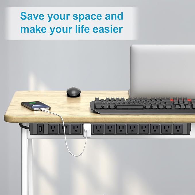 HHSOET 360° Rotating 12 Outlet Mountable Power Strip, Metal Gaming Table Mounted Outlet Strip, Heavy Duty Wall Mount Surge Protector with Switch, Works Great and Very Versatile, 10ft Power Cord.Black