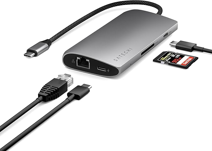Satechi 8 in 1 USB C Hub Multiport Adapter V3, 8K HDMI, 100W Charging, 4 USB Data Ports, Ethernet, SD Card Reader, for Laptop, for Mac/Windows, MacBook Pro/Air M4/M3/M2/M1, iPad, iPhone 16, Space Gray