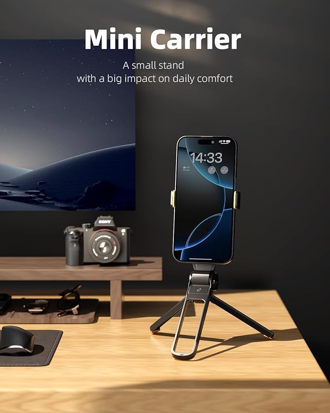 TODI Phone Tripod, Foldable Mini Desk Stand with 360° Phone Holder & Cold Shoe, Pocket Travel Tripod for iPhone, Portable Selfie Stick Handle Grip Compatible with iPhone/Android
