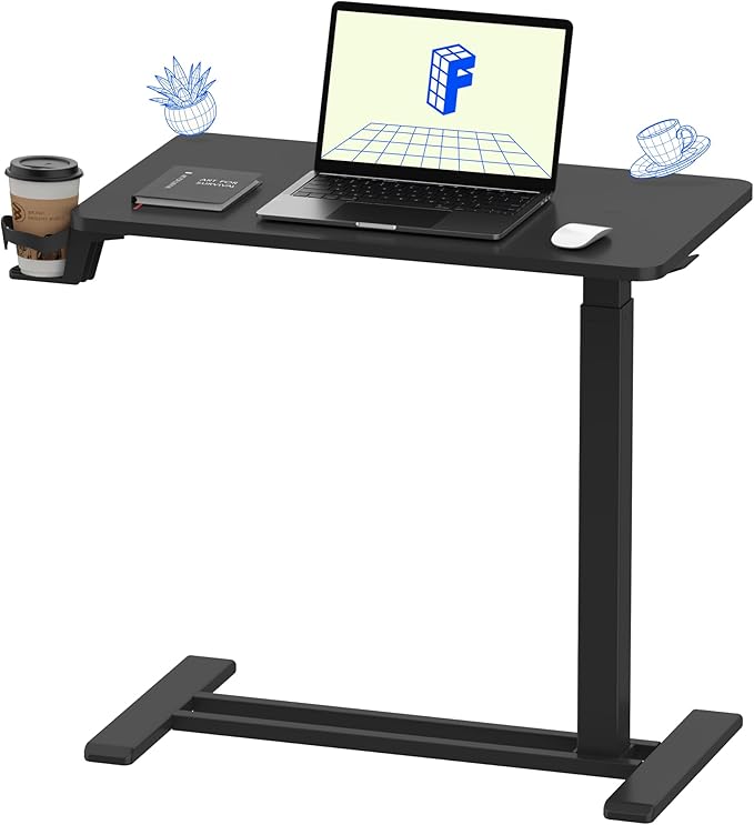 FLEXISPOT H7 Adjustable Overbed Bedside Table with Wheels Pneumatic Mobile Standing Desk Laptop Desk Rolling Computer Cart Movable Overbed Tables Hospital Home Use(27.6" W x 15.7" D, Black Table)