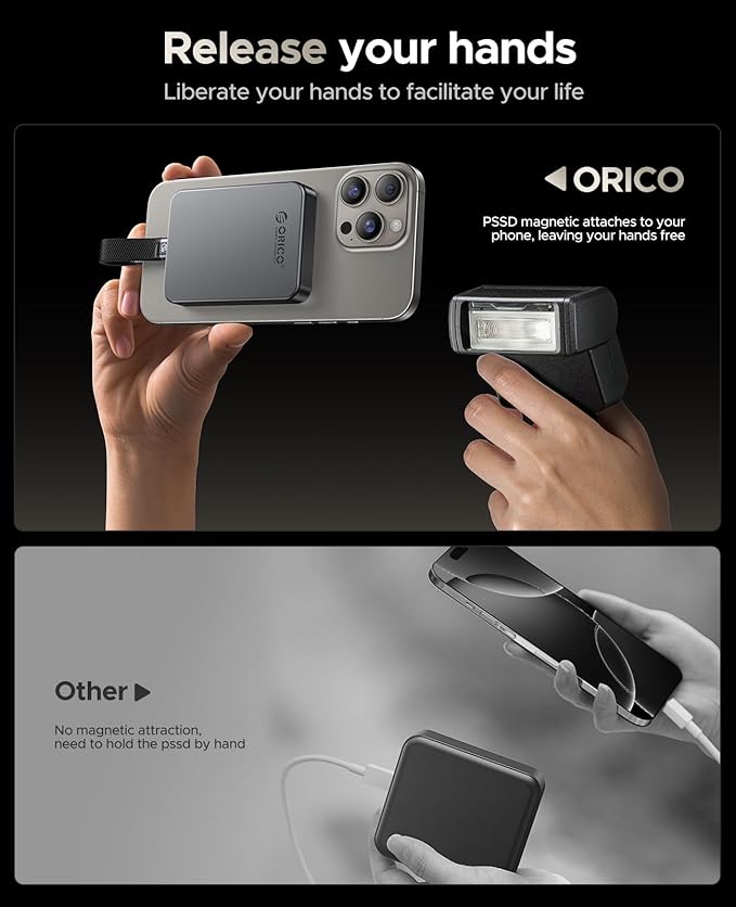ORICO 512GB Magnetic Portable SSD, Aluminum Alloy, 4K 120 fps ProRes HDR Record and Store, Up to 2000MB/s, External Solid State Drive, Compatible with iPhone 16 Pro Max, Tablet, Computer - K20