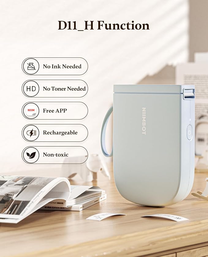 NIIMBOT Label Maker Bluetooth Mini Label Printer D11 2024 Version, Portable Label Maker with Tape Thermal Sticker Small Labeler, 300 DPI High Clearity Rechargeable, Blue