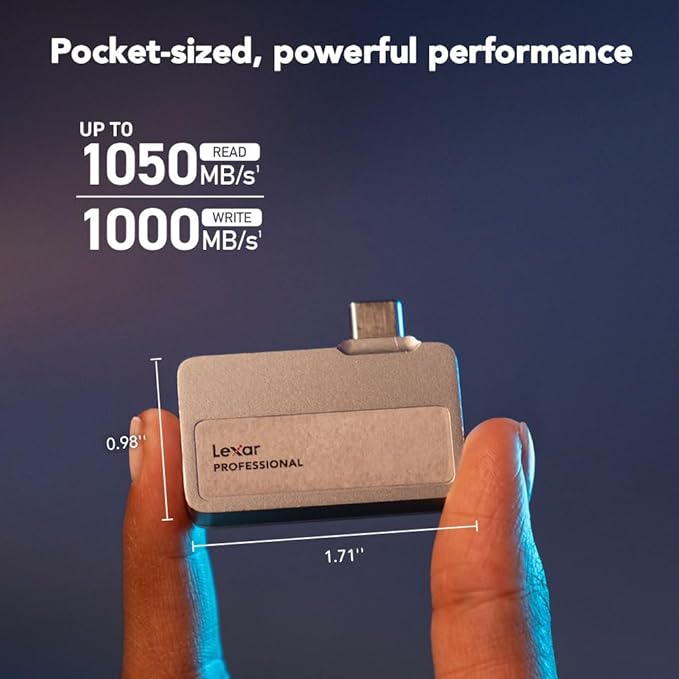 Lexar 1TB Professional Go Portable SSD, Supports Apple 4K 60fps ProRes, Up to 1050MB/s, USB 3.2 Gen 2, Rugged, IP65, Ultracompact, Compatible w/iPhone 15/16, External SSD (LSL400X001T-RNSNU)